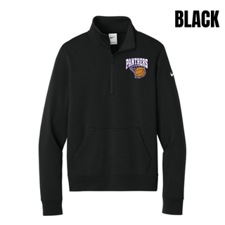 Black women's club fleece half-zip with a Panthers Basketball design in block lettering over a basketball in a net on the left chest