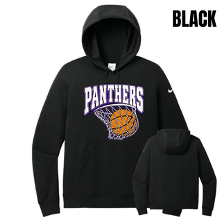 Black women's club fleece pullover hoodie, front and back, with a Panthers Basketball design over a basketball in a net on the chest