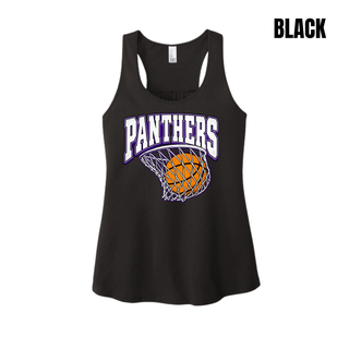 Black women's racerback tank with the Panthers Basketball Hoop design in white and purple lettering over an orange basketball in a net