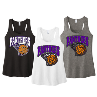 Women's racerback tanks in black, white, and grey frost with the Royal Valley Panthers Basketball Hoop design centered on the chest