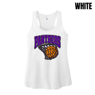 White women's racerback tank with the Panthers Basketball Hoop design in purple lettering over an orange basketball in a net
