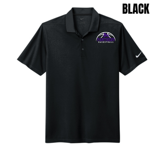 Royal Valley Panthers Basketball Leaping Panther Dri-FIT Micro Pique Polo in Black with the panther basketball arc design on the left chest