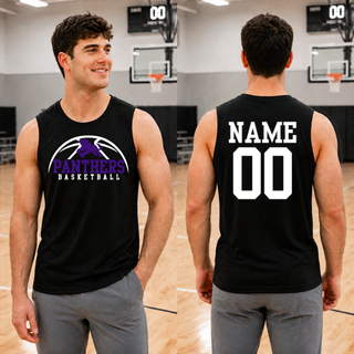Man in a black Royal Valley Panthers Basketball Leaping Panther Men's PosiCharge Competitor Tank in a gym, shown from the front with the design on the chest and from the back with a customized white name and number