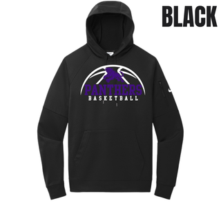 Royal Valley Panthers Basketball Leaping Panther Men's Therma-FIT Pocket Pullover Hoodie in Black with the panther basketball arc design on the chest and a zippered sleeve pocket