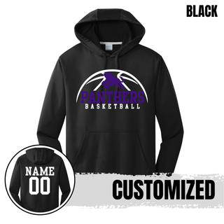 Royal Valley Panthers Basketball Leaping Panther Performance Hoodie in Black with the design on the chest and a customized white name and number on the back