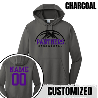Royal Valley Panthers Basketball Leaping Panther Performance Hoodie in Charcoal with the design on the chest and a customized purple name and number on the back