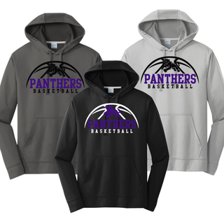 Royal Valley Panthers Basketball Leaping Panther Performance Hoodies in Charcoal, Black, and Silver showing the panther basketball arc design on the chest
