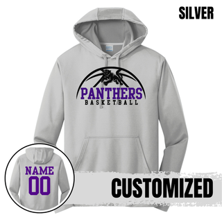 Royal Valley Panthers Basketball Leaping Panther Performance Hoodie in Silver with the design on the chest and a customized purple name and number on the back