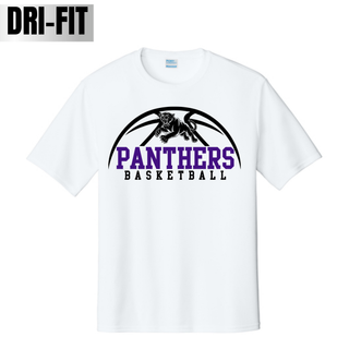 Royal Valley Panthers Basketball Leaping Panther Performance Top in white with a black panther leaping through a half basketball arc and purple Panthers lettering