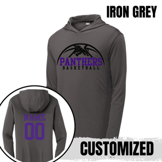 Royal Valley Panthers Basketball Leaping Panther PosiCharge Hooded Pullover in Iron Grey with the design on the chest and a customized purple name and number on the back