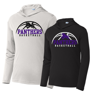 Royal Valley Panthers Basketball Leaping Panther PosiCharge Hooded Pullovers in Silver and Black showing the panther basketball arc design on the chest