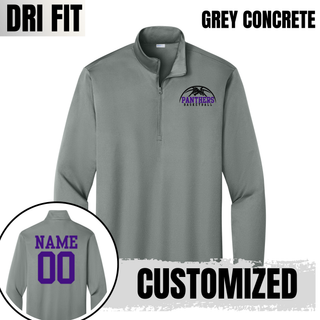 Royal Valley Panthers Basketball Leaping Panther PosiCharge Quarter-Zip in Grey Concrete with the design on the chest and a customized purple name and number on the back