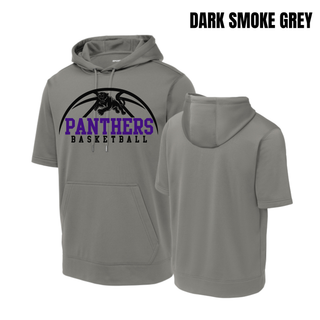 Royal Valley Panthers Basketball Leaping Panther Short Sleeve Hooded Pullover in Dark Smoke Grey with the panther basketball arc design on the chest, shown from the front and back