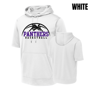 Royal Valley Panthers Basketball Leaping Panther Short Sleeve Hooded Pullover in White with the panther basketball arc design on the chest, shown from the front and back