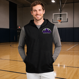 Man in a black Royal Valley Panthers Basketball Leaping Panther Sport-Wick Stretch Sleeveless Hooded Quarter-Zip in a gym with the panther basketball arc design on the left chest