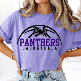 Woman in a violet short sleeve tee with a black panther leaping through a half basketball arc above Panthers in purple block lettering and Basketball in spaced lettering