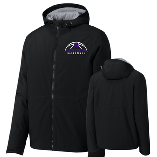 Royal Valley Panthers Basketball Leaping Panther Waterproof Insulated Jacket in Black with the panther basketball arc design on the left chest, shown from the front and back