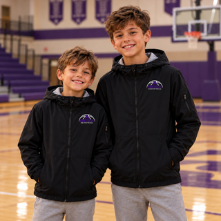 Two boys in black Royal Valley Panthers Basketball Leaping Panther Waterproof Insulated Jackets in a gym, with the panther basketball arc design on the left chest
