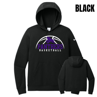 Royal Valley Panthers Basketball Leaping Panther Women's Club Fleece Pullover Hoodie in Black with the panther basketball arc design on the chest, shown from the front and back