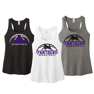 Royal Valley Panthers Basketball Leaping Panther Women's Racerback Tanks in Black, White, and Grey Frost showing the panther basketball arc design on the chest