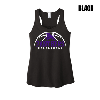 Royal Valley Panthers Basketball Leaping Panther Women's Racerback Tank in Black with the panther basketball arc design on the chest