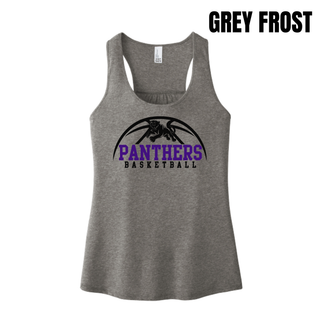 Royal Valley Panthers Basketball Leaping Panther Women's Racerback Tank in Grey Frost with the panther basketball arc design on the chest