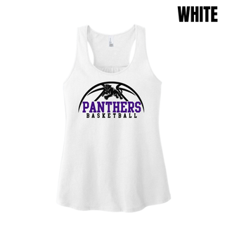 Royal Valley Panthers Basketball Leaping Panther Women's Racerback Tank in White with the panther basketball arc design on the chest