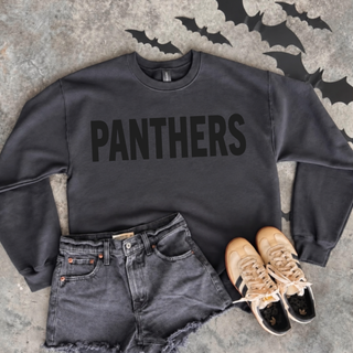 Royal Valley Panthers Black on Black Top, black crewneck with PANTHERS in black block lettering
