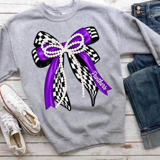 Grey crewneck sweatshirt with the Royal Valley Panthers checkered pearl bow graphic in purple, black, and white