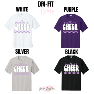 Close up of Royal Valley Panthers Cheer bubble checkered lavender design on Dri-Fit shirt