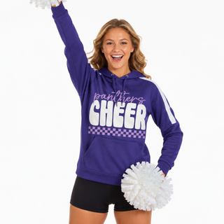 Woman wearing purple Royal Valley Panthers Cheer Fan Favorite hoodie on football field
