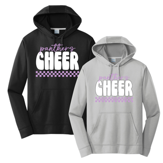 Woman wearing black Royal Valley Panthers Cheer checkered lavender performance hoodie on football field