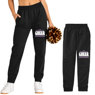 Royal Valley Panthers Cheer core fleece jogger in black with checkered lavender design