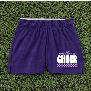 Girl wearing black Royal Valley Panthers Cheer jersey knit squad shorts