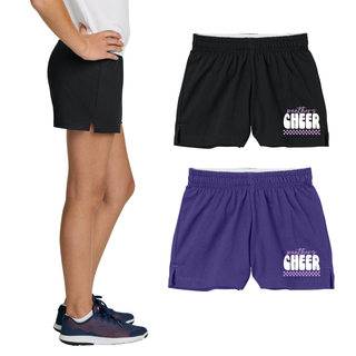 Royal Valley Panthers Cheer jersey knit squad shorts laid flat