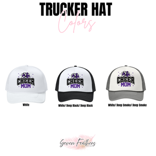 Purple Royal Valley Panthers Cheer Mom graphic on an adjustable trucker hat