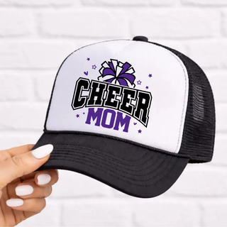 Royal Valley Panthers Cheer Mom purple graphic trucker hat front view