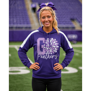 Woman wearing purple Go Panthers cheer pom fan favorite hoodie on football field