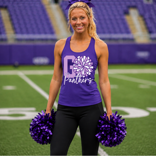 Woman wearing purple Go Panthers cheer pom racerback tank on football field
