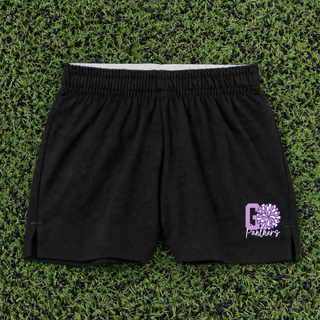 Black Go Panthers cheer pom jersey knit squad shorts laid flat on turf