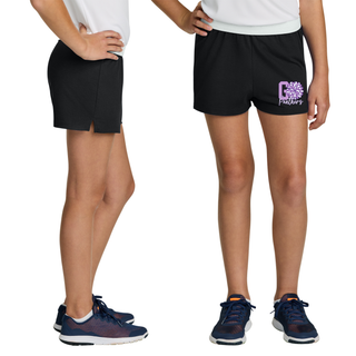 Girls wearing black Go Panthers cheer pom jersey knit squad shorts side by side comparison