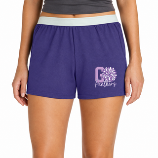 Woman wearing purple Go Panthers cheer pom jersey knit squad shorts