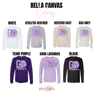 Go Panthers cheer pom Bella Canvas long sleeve color options white athletic heather heather dust ash grey team purple dark lavender and black