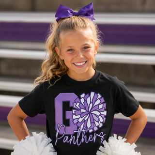 Girl wearing black Go Panthers cheer pom top