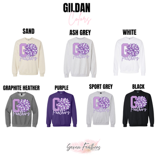 Go Panthers cheer pom Gildan crewneck color options sand ash grey white graphite heather purple sport grey and black