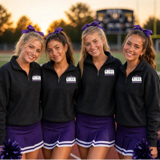 Royal Valley Panthers Cheer quarter zip pullover with checkered lavender design