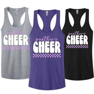 Woman wearing white Royal Valley Panthers Cheer racerback tank top
