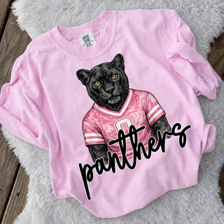 Pink crewneck sweatshirt with black panther mascot in pink jersey, Royal Valley Panthers Hoyt Kansas spirit wear

