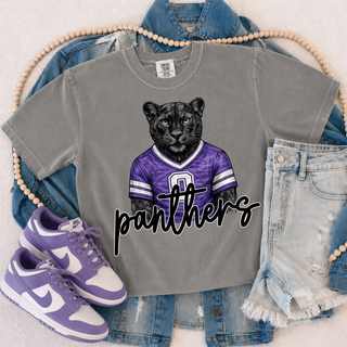 Grey tee with black panther mascot in purple jersey, Royal Valley Panthers Hoyt Kansas spirit wear

