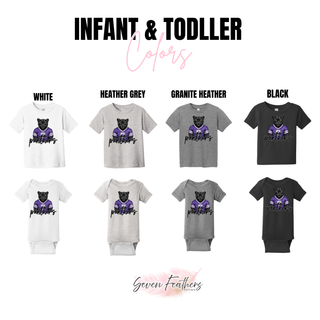 Infant and toddler chart for Royal Valley Panthers purple jersey top in white, heather grey, granite heather, black
